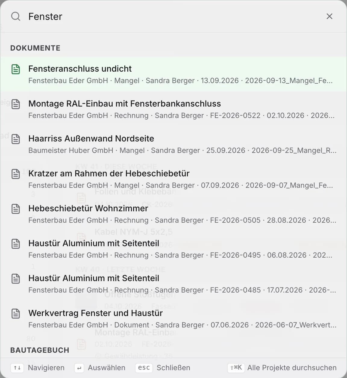 Suchergebnisse für „Fenster“ in Rechnungen, Mängeln und Fotos