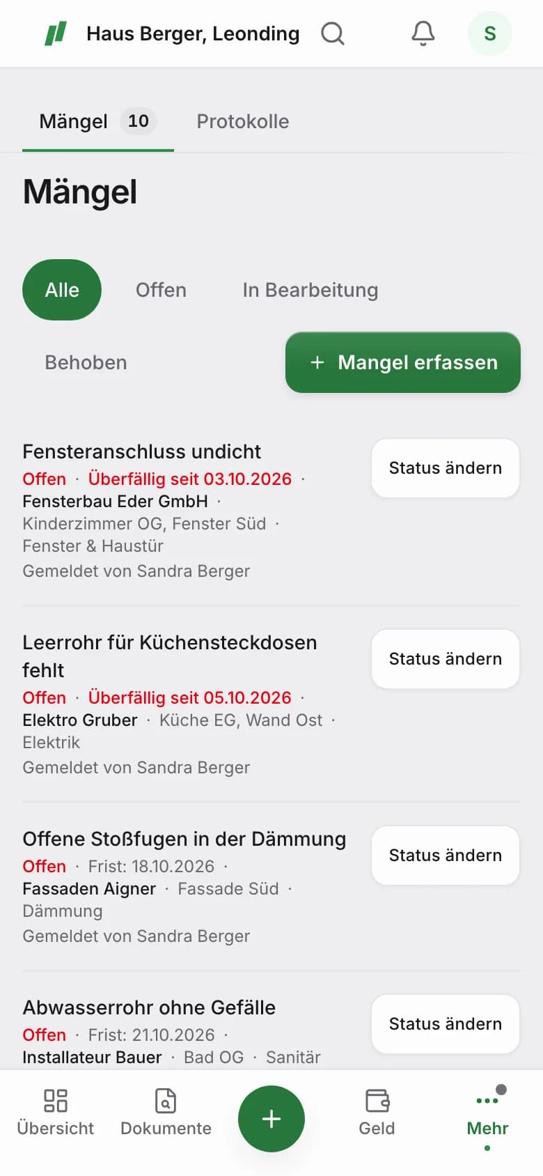 Mängelliste mit Fristen, Orten und Gewerken