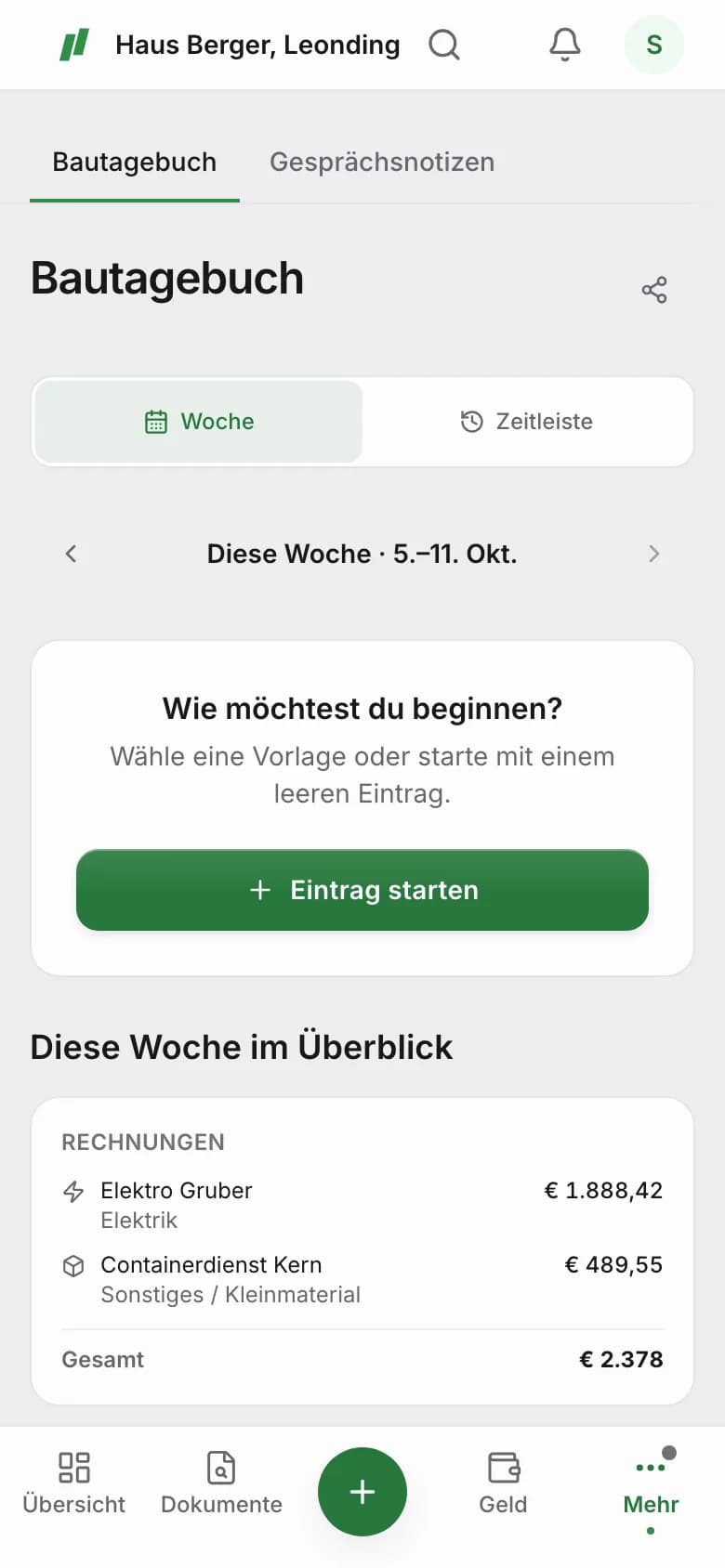 Bautagebuch mit dem Überblick dieser Woche