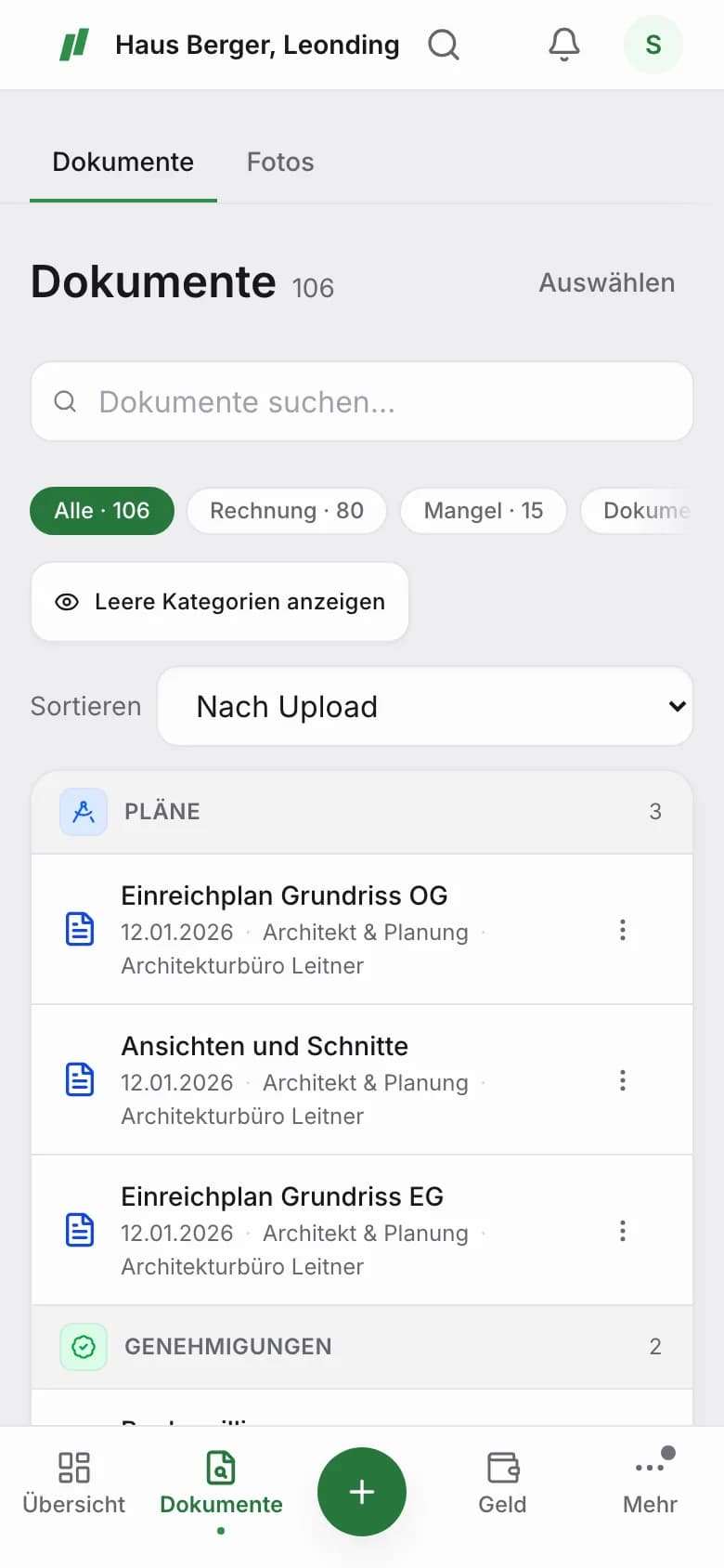 Dokumentenbibliothek mit Plänen, Genehmigungen und Rechnungen