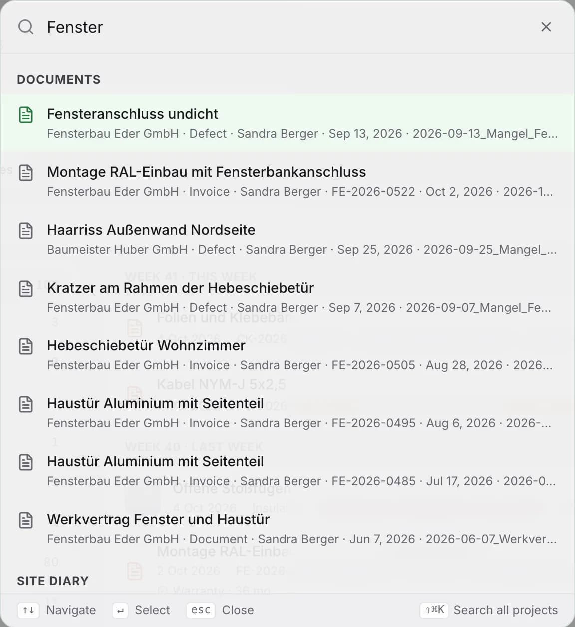 Quick search results for "Fenster" across invoices, defects and photos