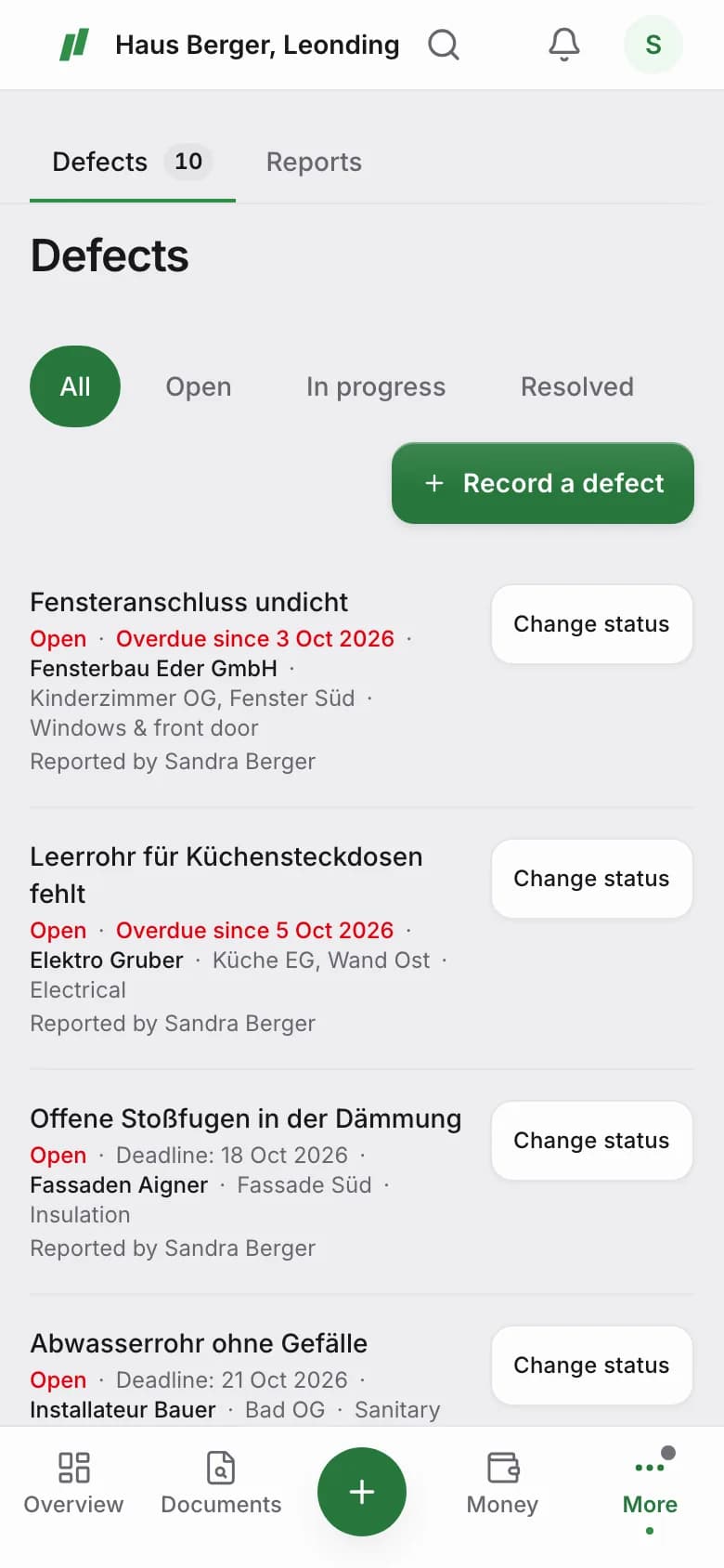 Defect list with deadlines, locations and trades