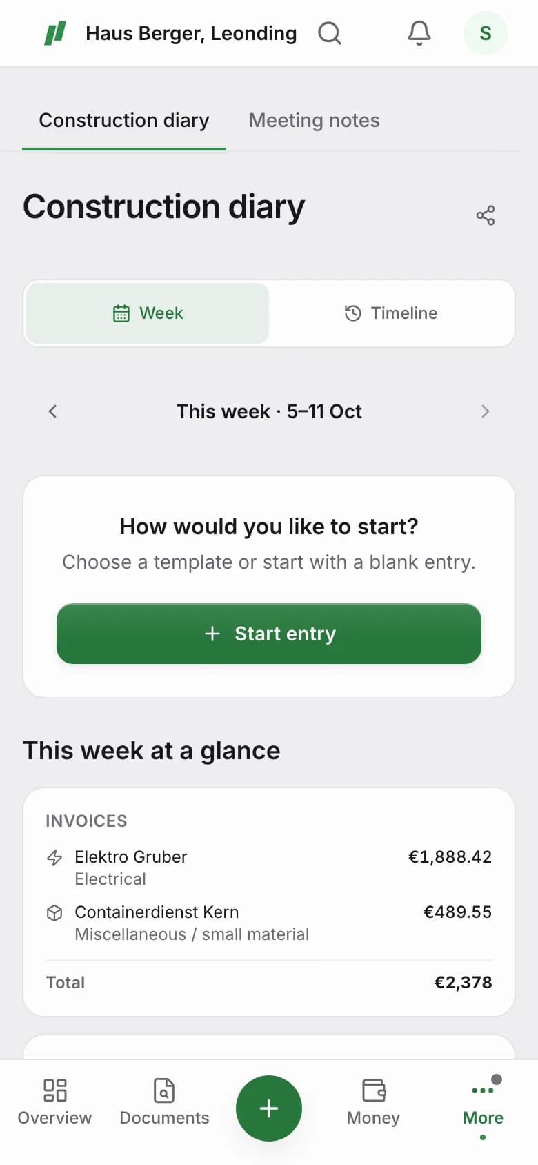 Construction diary with this week's summary