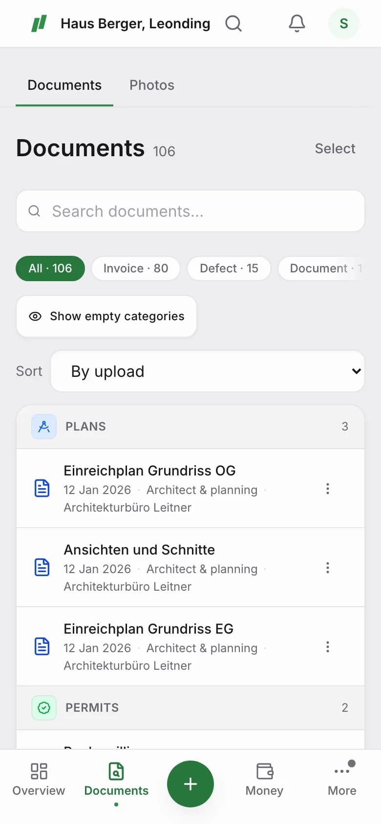 Document library with plans, permits and invoices